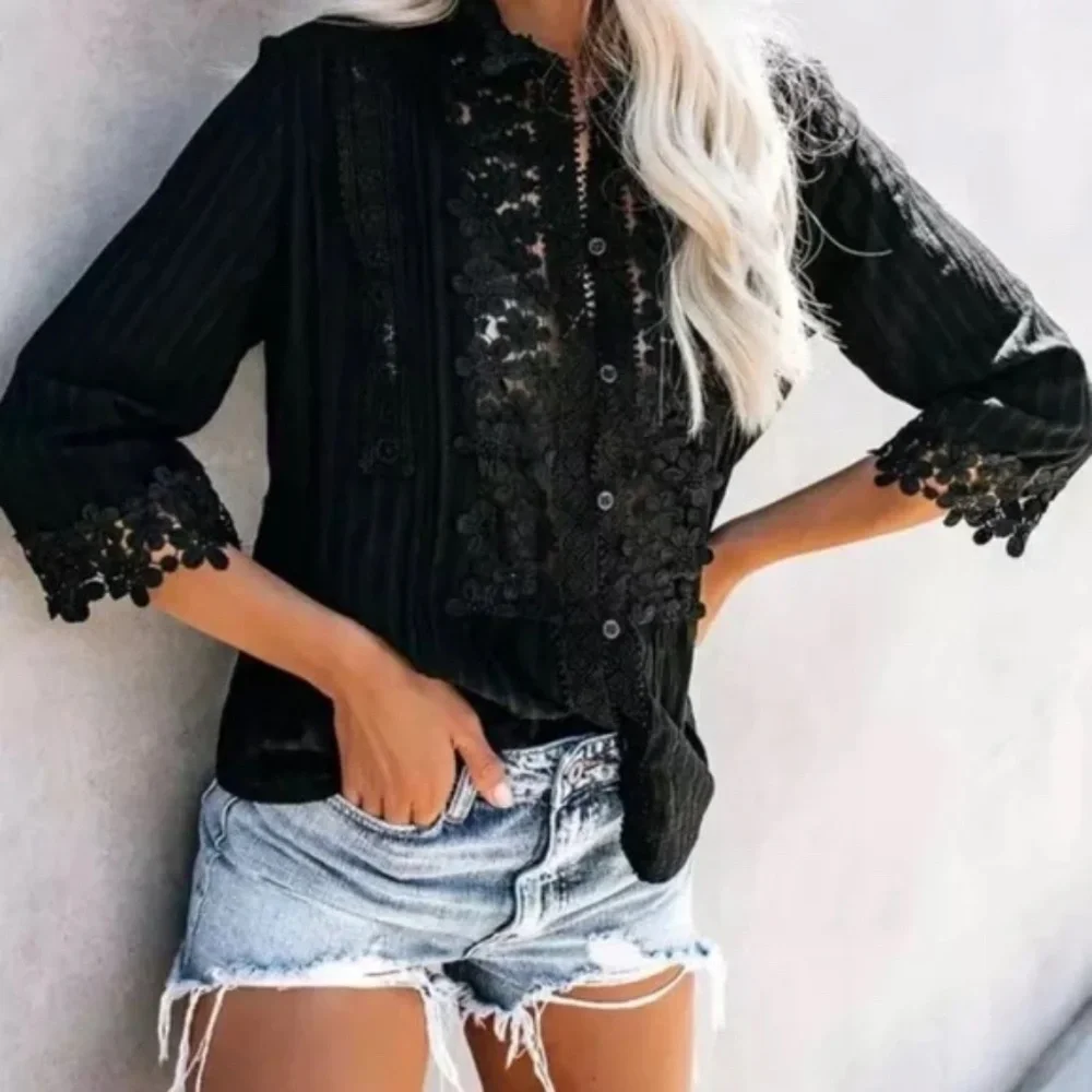 Black Bohemian Lace Crochet Button Front Blouse